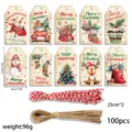 Set of vintage kraft Christmas gift tags with twine featuring festive holiday designs - S876 Style / 100 Tags + 100 Ropes