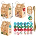Set de cajas de dulces de casa de jengibre de Navidad con 24 pegatinas y cuerda de yute. - Estilo Happy Christmas / S708# Caja Casa de Navidad (24 Unidades/Paquete)