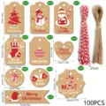 Set of 100 kraft paper Christmas gift tags in 10 festive designs including twine - S891 Style / 100 Tags + 50 Jute + 50 R/W Ropes