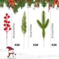 Set of 60 artificial Christmas picks with red berries and green pine needle branches - S206 Style / 60 Pcs/Set