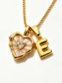 Gold stainless steel mother of pearl heart and initial letter E pendant necklace for women - Letter E