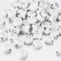 White acrylic alphabet beads with silver letters for DIY bracelet and necklace making - 100 Pieces/Pack / White With Silver Letters