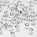 White acrylic round beads with black printed smiley faces for DIY jewelry making - 100 Pieces/Pack / White With Black Smiley Face