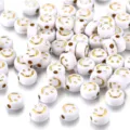 White acrylic round beads with golden smiley face patterns for DIY jewelry making - 100 Pieces/Pack / White With Gold Smiley Face