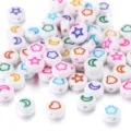White acrylic beads with colorful engraved heart star and moon shapes for DIY jewelry - 100 Pieces/Pack / White With Colorful Stars Moon Hearts