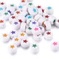 White acrylic round beads with colorful star patterns for DIY jewelry making crafts - 100 Pieces/Pack / White With Colorful Five-pointed Stars
