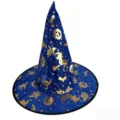 Detailansicht eines blauen Hexenhutes aus Samt mit goldenen Mond- und Sternmustern - Einheitsgröße / Blau Goldgeprägt
