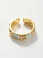 Exquisiter goldener Offener Ring mit hellblauem Emaille und funkelnden Zirkonherzen für Damen. - Hellblau