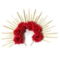 Close-up detail of Halloween red rose and golden spike sunburst halo crown headband. - One Size / Bright Red