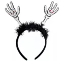 Close-up detail of Halloween headband with black tinsel and white skeleton hands. - Four-Hand Skeleton Head (6105911397690)