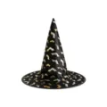 Detail eines schwarzen Halloween Hexenhutes mit goldenen und silbernen Fledermausmustern - Gold Fledermaus Druck Hexenhut