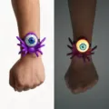 Detailed view of Halloween glowing spider wristband with LED eyeball light effect - Purple Spider Bracelet