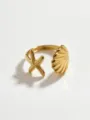Detail view of a golden stainless steel open ring featuring a charming starfish and seashell design. - Starfish and Shell Ring