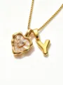 Gold box chain necklace featuring mother-of-pearl heart pendant and letter Y charm. - Letter Y