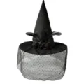 Schwarzer Halloween Hexenhut mit Federn, Blumen und einem gepunkteten Netzschleier - Punktierte Spitze Hexenhut mit Rose und Feder