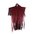 Detail view of a long tattered red and black mesh Halloween skeleton hanging decoration - Skeleton Ghost with Hands / Red