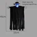Detailansicht eines hängenden Halloween-Geists mit leuchtendem Totenkopf und Maßen - Weißes Skelett Hängender Geist mit Buntem Licht / 45cmx33cm