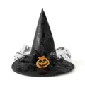 Schwarzer Halloween-Hexenhut aus Spitze mit glitzerndem Kürbis und Sternenmustern - Kürbis Applikation Hexenhut