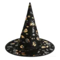 Schwarzer Halloween-Hexenhut mit goldenen und silbernen Kürbis- und Sternmustern - Gold Kürbis Druck Hexenhut