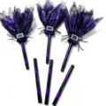Detailed view of purple Halloween witch brooms with spider web mesh and silver buckle - Detachable / Purple