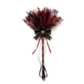 Detailed view of Halloween witch broom prop with red mesh and bat patterns for kids - One Size / Burgundy