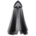 Detailed view of the double-layer black mesh hooded cloak for Halloween costumes. - 120cm / Black