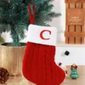 Festive red knitted Christmas stocking with white cuff and red embroidered letter C - Red (C)