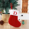 Red knitted Christmas stocking decoration with white cuff and red embroidered letter D - Red (D)