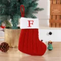 Festive red knitted Christmas stocking with white cuff and embroidered letter F - Red (F)