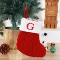 Red and white knitted Christmas stocking with embroidered letter G for tree decor - Red (G)