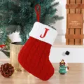 Red knitted Christmas stocking with white cuff and red embroidered letter J ornament - Red (J)