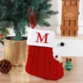 Red knitted Christmas stocking with white trim and embroidered red letter M - Red (M)