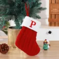 Festive red and white knitted Christmas stocking with embroidered letter P ornament - Red (P)