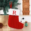 Red knitted Christmas stocking ornament with white cuff and red embroidered letter R - Red (R)