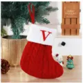 Handmade red knitted Christmas stocking with white cuff and red letter V embroidery - Red (V)