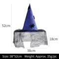 Detaillierte Abmessungen des blauen Halloween-Hexenhutes mit Spinnennetz und Schleier - Einheitsgröße / Spinnen-Netzschleier-Hut / Blau