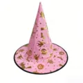 Pinkfarbener Hexenhut für Halloween mit goldfarbenen Sternen und Katzenmotiven für Partys - Einheitsgröße / Rosa Goldgeprägt