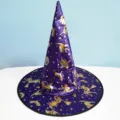 Detailansicht eines lila Halloween-Hexenhutes mit goldfarbenen Sternen- und Hexenmustern - Einheitsgröße / Violett-Goldener Bronzierender Hexenhut