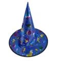 Blaue Halloween-Hexenhut mit glänzenden bunten Metallic-Kürbis- und Sterndrucken - Einheitsgröße / Blauer Goldener Hexenhut