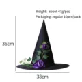 Detail view of black witch hat with purple flowers and 38x36cm size specs - One Size / Black Hat with Green Vine and Purple Flowers