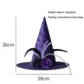 Detail of purple lace Halloween witch hat featuring feathers, flowers, and 36x38cm sizing - One Size / Purple Lace Witch Hat with Roses