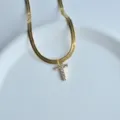 Gold herringbone chain necklace with sparkling zircon letter T pendant, elegant clavicle chain. - Letter T
