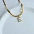 Gold stainless steel herringbone chain necklace with rhinestone letter E pendant for women. - Letter E
