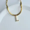 Gold Letter L Zircon Pendant Necklace Flat Snake Chain Minimalist Chic Jewelry Variant - L