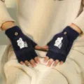 Guanti invernali in peluche da donna simpatico coniglio caldi lavorati a maglia blu - Taglia unica / Trasferimento termico cartone animato, ciano