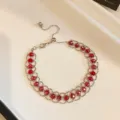 Vintage red beaded mesh bracelet court style light luxury wrist jewelry for women - Silver/Red