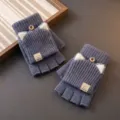 Guanti da donna e uomo grigi in maglia mezza dita con orecchie di gatto invernali. - Taglia unica / Blu