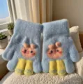Simpatici guanti invernali caldi in maglia per bambini con motivo cartone, azzurro morbido. - Taglia unica / Orecchie di coniglio in jacquard blu