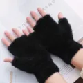 Schwarze flauschige halbe Finger Handschuhe Winter warme gestrickte weiche Fäustlinge - Einheitsgröße / Schwarz Halbfinger (ohne Kappe)