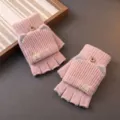 Guanti in maglia rosa senza dita con design a orecchie di gatto, perfetti per l'inverno. - Taglia unica / Rosa